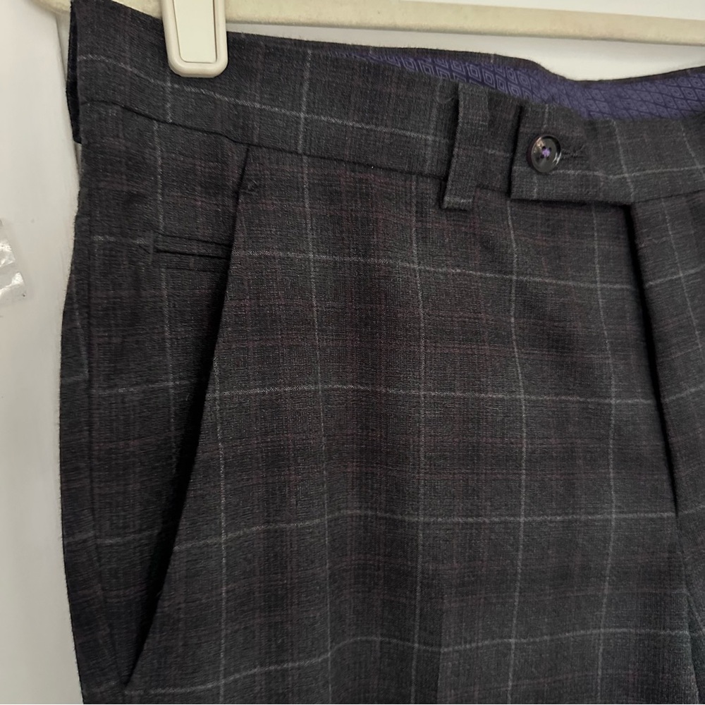 TED BAKER London Wool Plaid Trousers 33R Union Made Canada Grey Windowpane - Picture 4 of 11